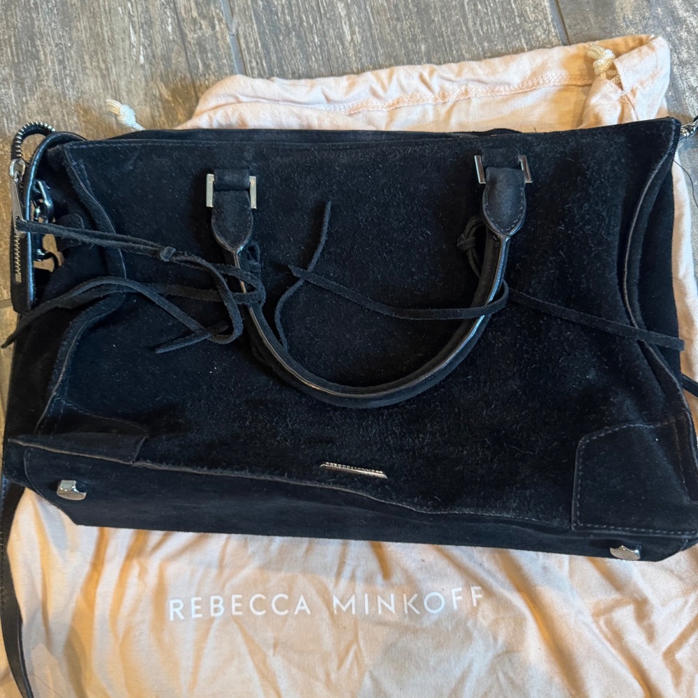 Boho Edgy Rebecca Minkoff Medium Regan Satchel Tote Black Suede Handbag *READ